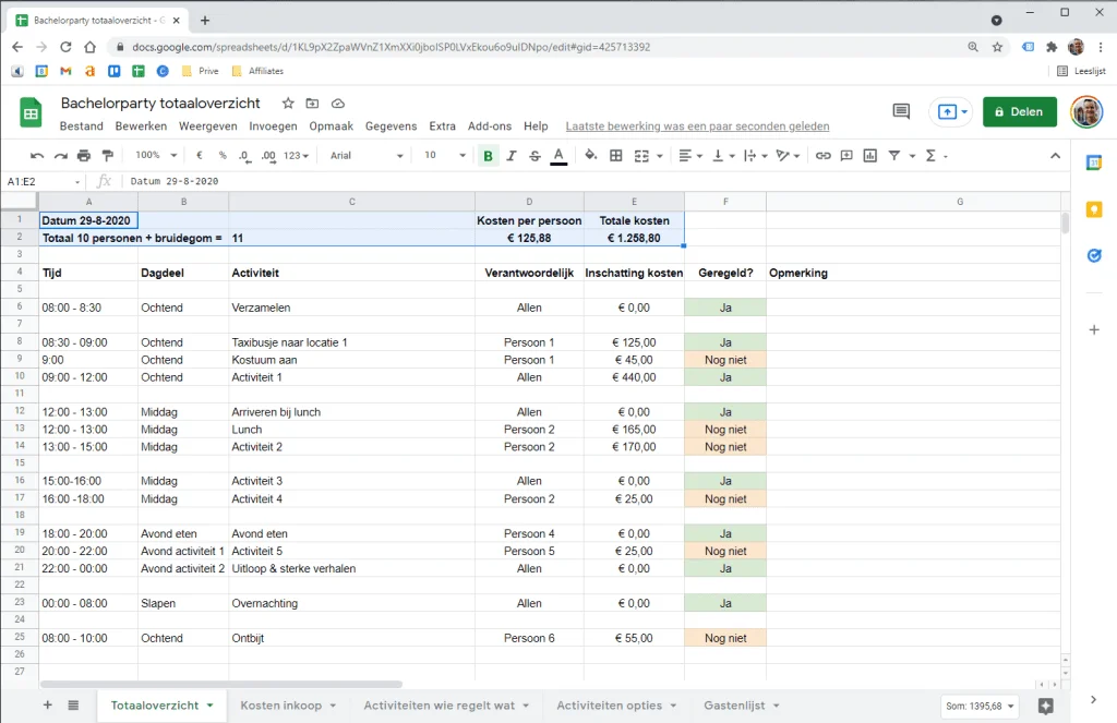 Bachelorparty Google Sheets template
