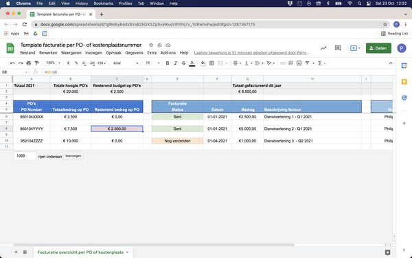 Google Spreadsheets Template facturatie per PO- of kostenplaatsnummer
