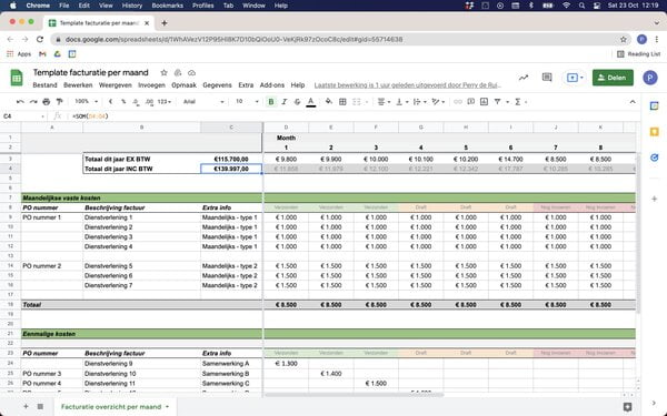 Google Spreadsheets Template facturatie per maand