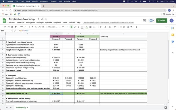 Google Spreadsheets Template huis financiering