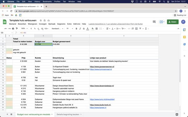 Google Spreadsheets Template huis verbouwen