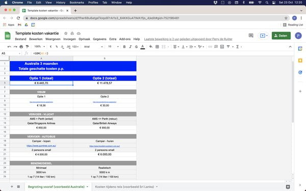 Google Spreadsheets Template kosten vakantie