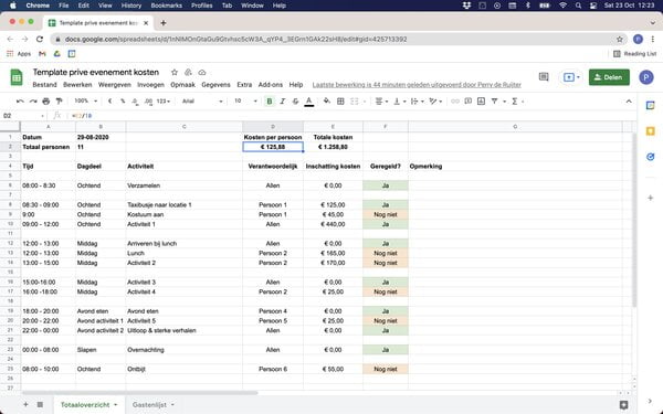 Google Spreadsheets Template prive evenement kosten