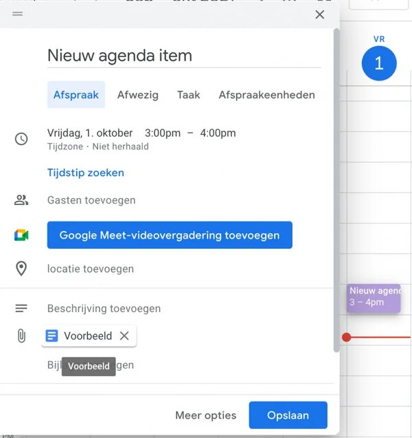 Google Meet vergadering of Google Doc in Google Agenda