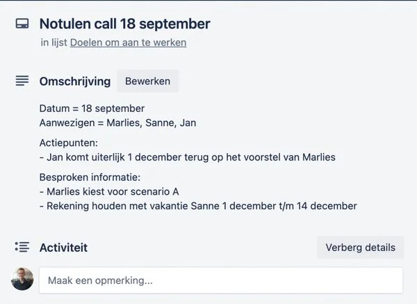 Trello tips - Trello notuleren in kaartje